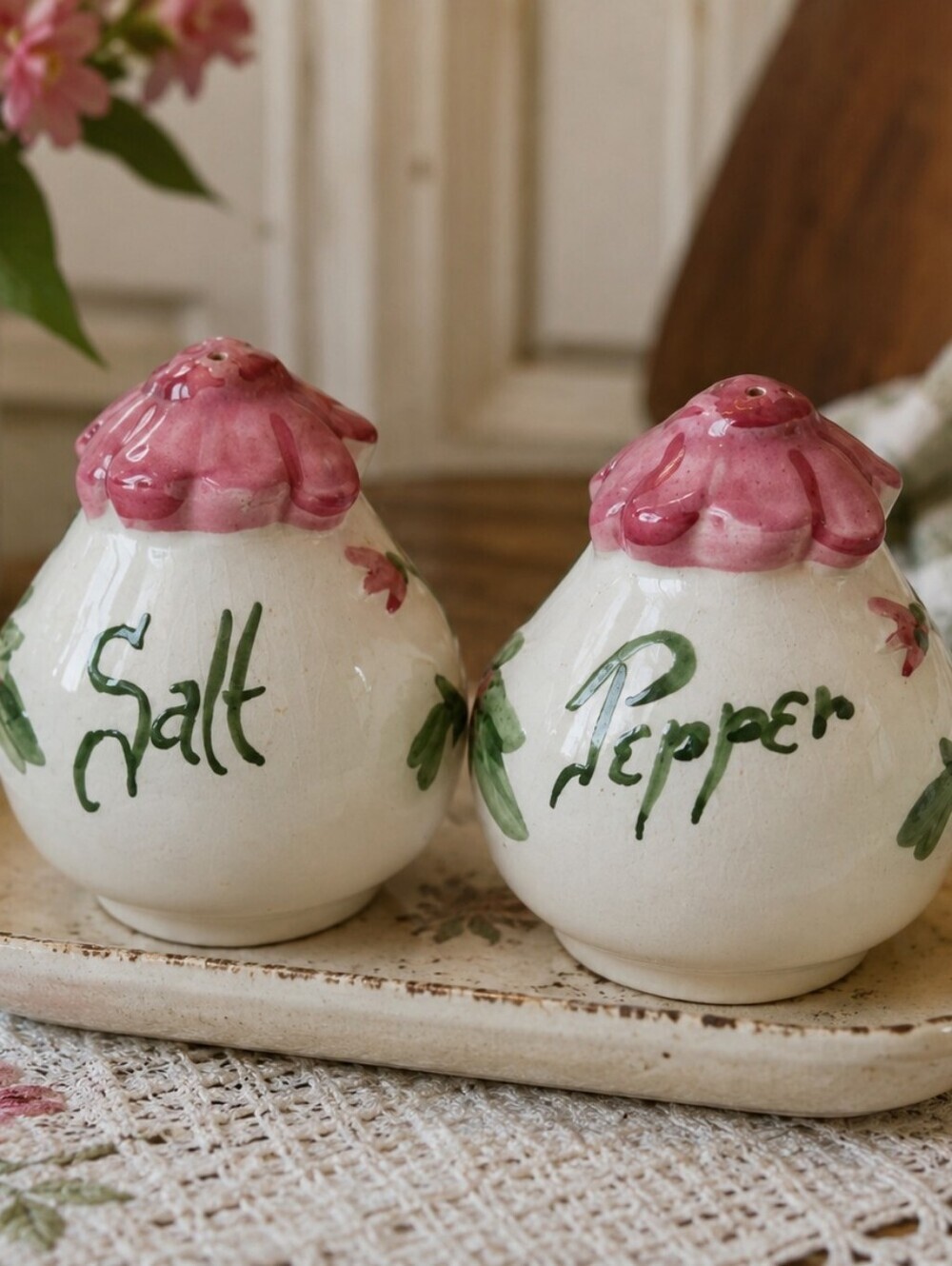 Vintage Ceramic Handpainted Embossed  Pink Flower Floral Salt Pepper Shakers